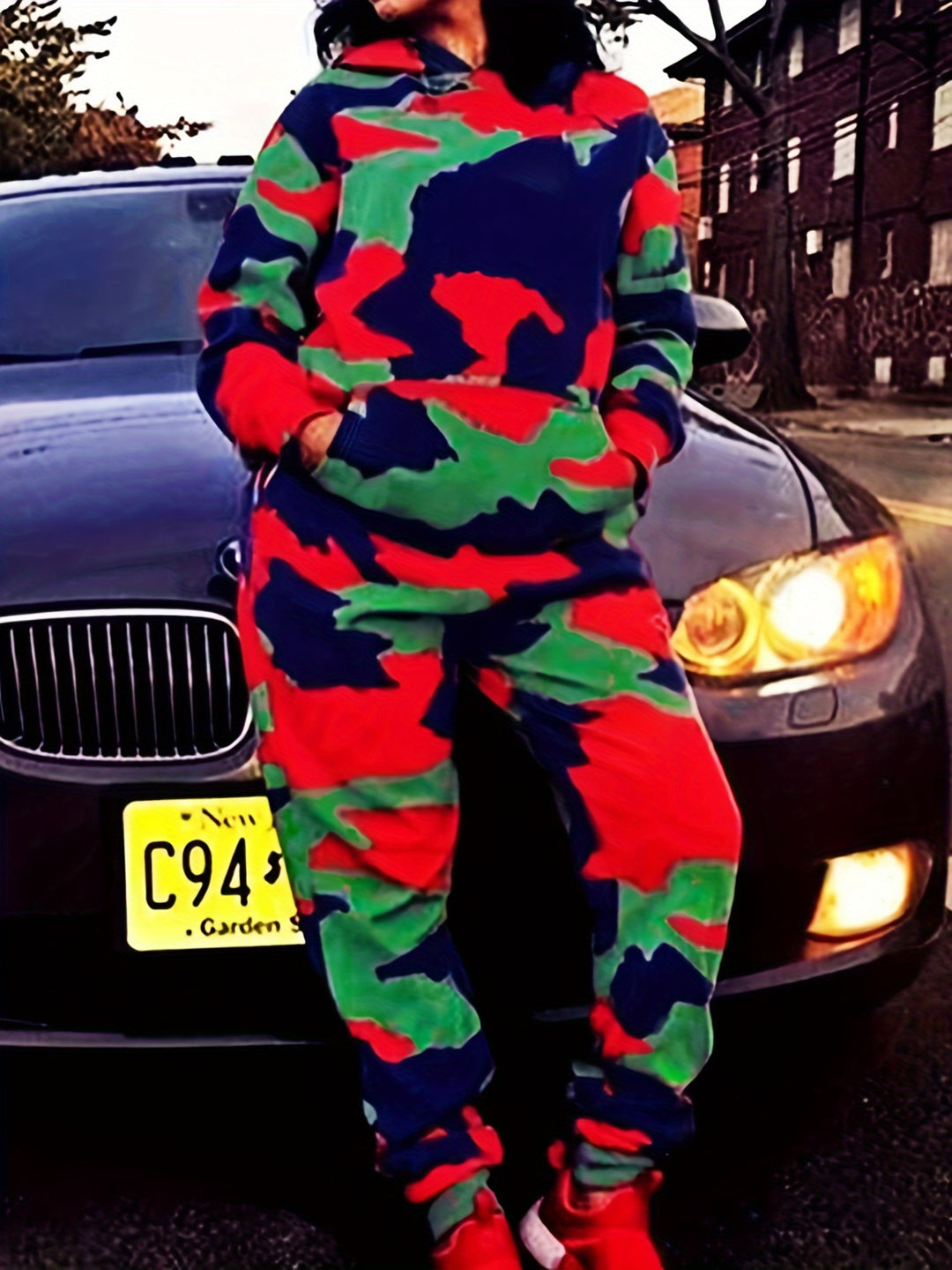 Plus Size Casual Outfits Set, Women's Plus Camo Print Long Sleeve Slight Stretch Hoodie & Joggers Outfits Two Piece Set