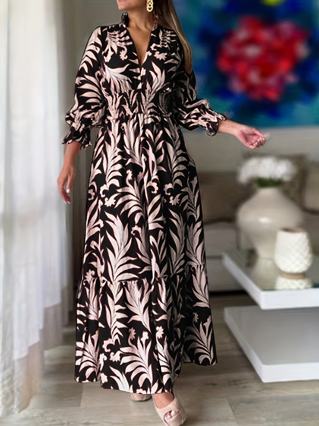Plus Size Plant Print Dress, Elegant V Neck Shirred Waist Long Sleeve Dress, Women's Plus Size Clothing