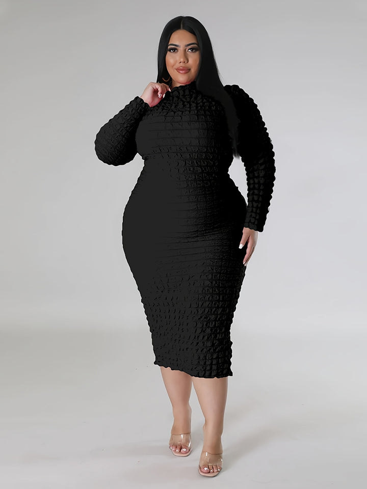 Plus Size Casual Dress, Women's Plus Solid Crinkle Long Sleeve High Neck Slim Fit Midi Dress