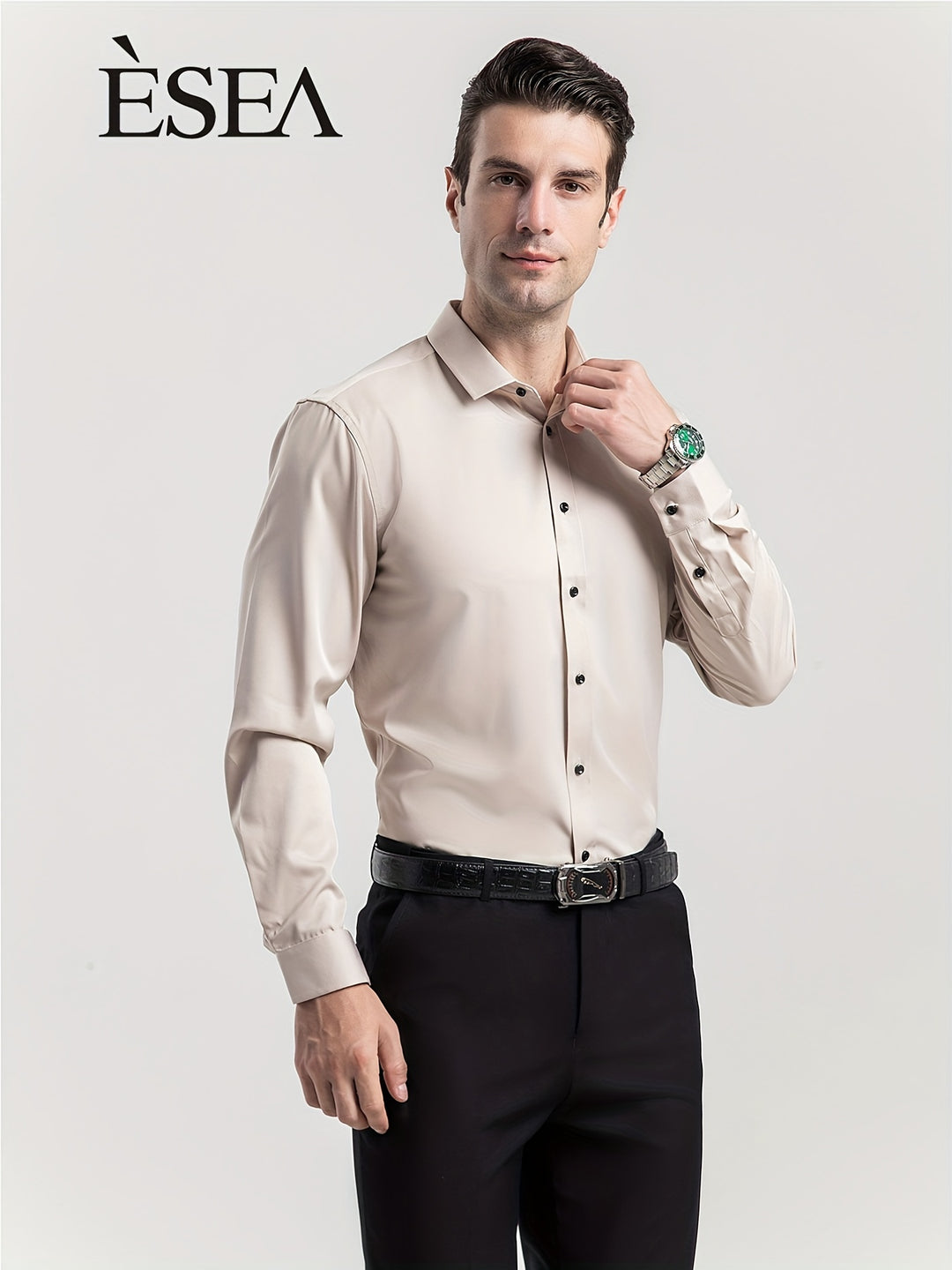 ESEA Men's Europe And The United States Dress Shirt Conventional Version Of Pure-color Non-pocket Wrinkle-free Business Casual Slim Long-sleeved Shirt Elastic Europe And The United States Plus-size Button-up Commuter Dress Shirt Jacket