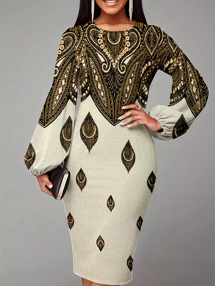Paisley Print Lantern Long Sleeve Dress, Crew Neck Casual Every Day Dress For Spring & Fall, Women's Clothing
