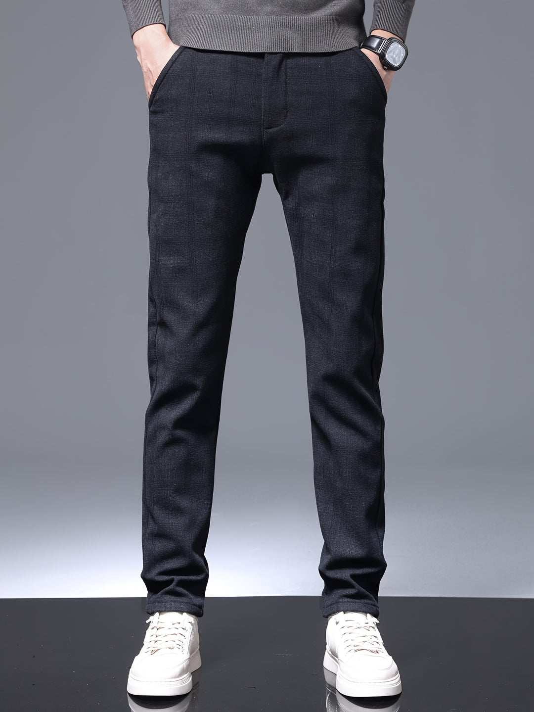 Retro Style Checkered Men's Casual Long Slim Fit Pants With Multi Pocket, Spring Fall Outdoor
