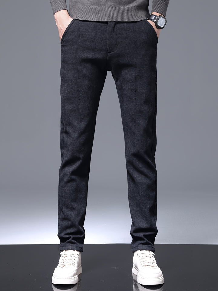 Retro Style Checkered Men's Casual Long Slim Fit Pants With Multi Pocket, Spring Fall Outdoor