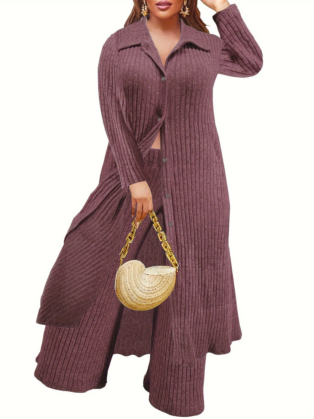 Plus Size Casual Outfits Two Piece Set, Women's Plus Solid Ribbed Button Up Long Sleeve Polo Neck Long Blouse & Wide Leg Pants Outfits 2 Piece Set