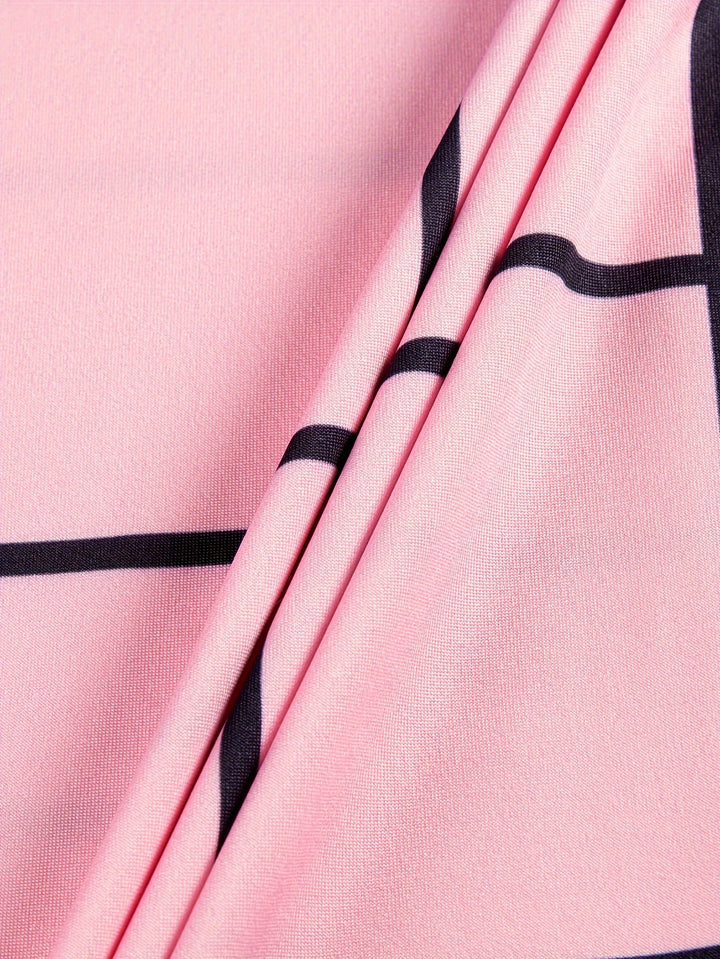 Plus Size Plaid Print Button Front Dress, Elegant Slim Mermaid Hem 3/4 Sleeve Dress, Women's Plus Size Clothing