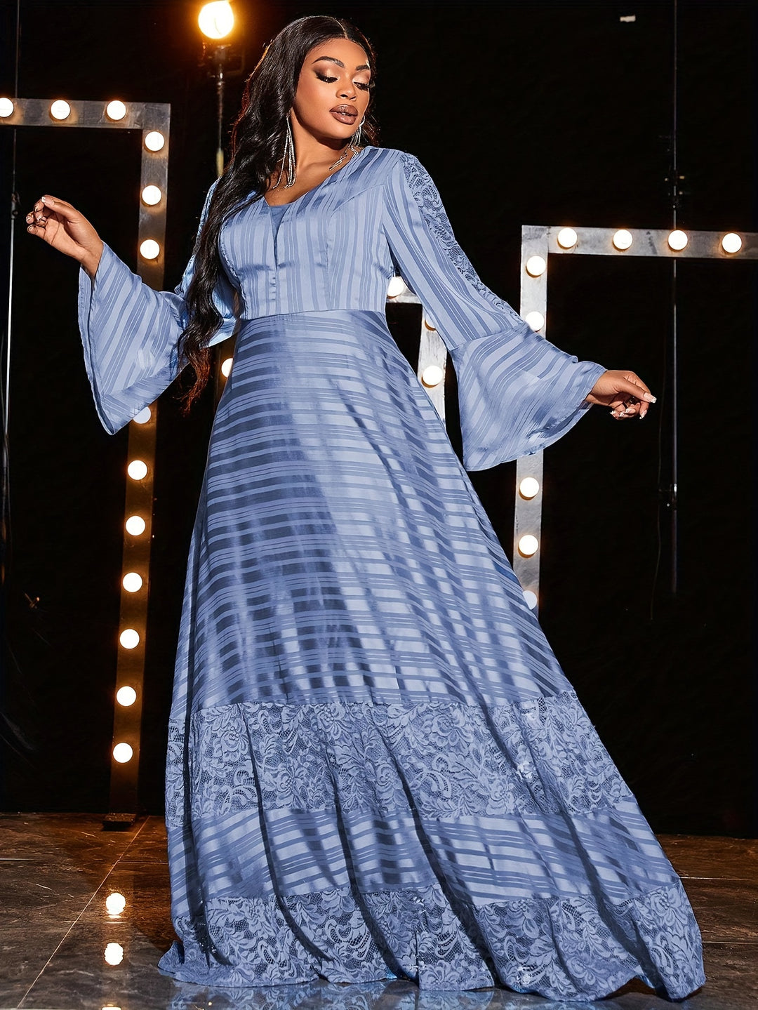 Plus Size Floral Pattern Mother Of The Bride Dress, Elegant Flare Sleeve Ball Gown For Wedding Party, Women's Plus Size Clothing