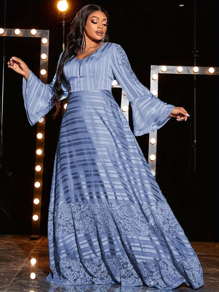 Plus Size Floral Pattern Mother Of The Bride Dress, Elegant Flare Sleeve Ball Gown For Wedding Party, Women's Plus Size Clothing