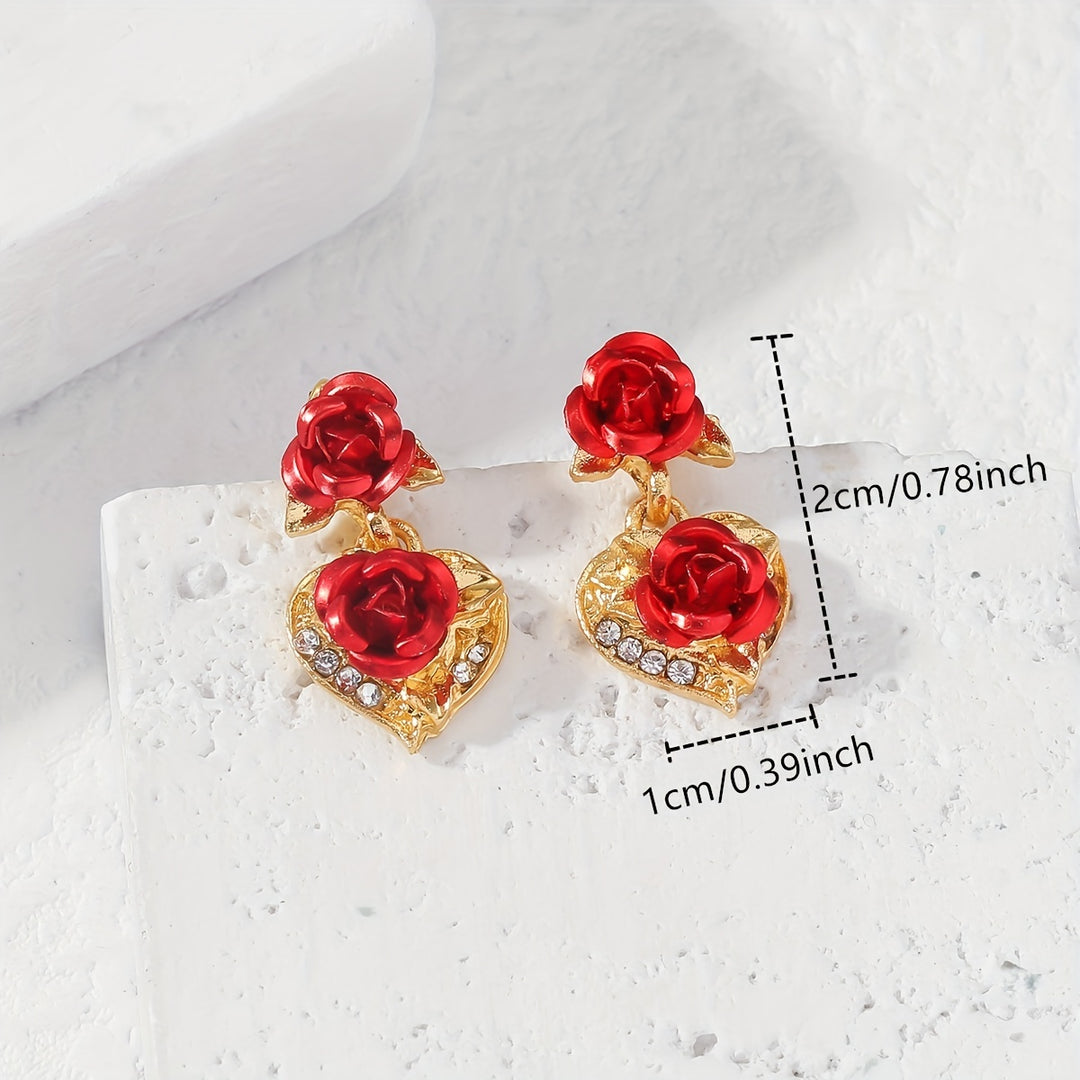 Romantic Valentine's Day Gift - Elegant Women's Heart Rose Flower Dangle Stud Earrings