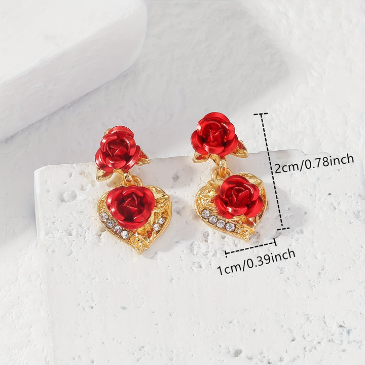 Romantic Valentine's Day Gift - Elegant Women's Heart Rose Flower Dangle Stud Earrings