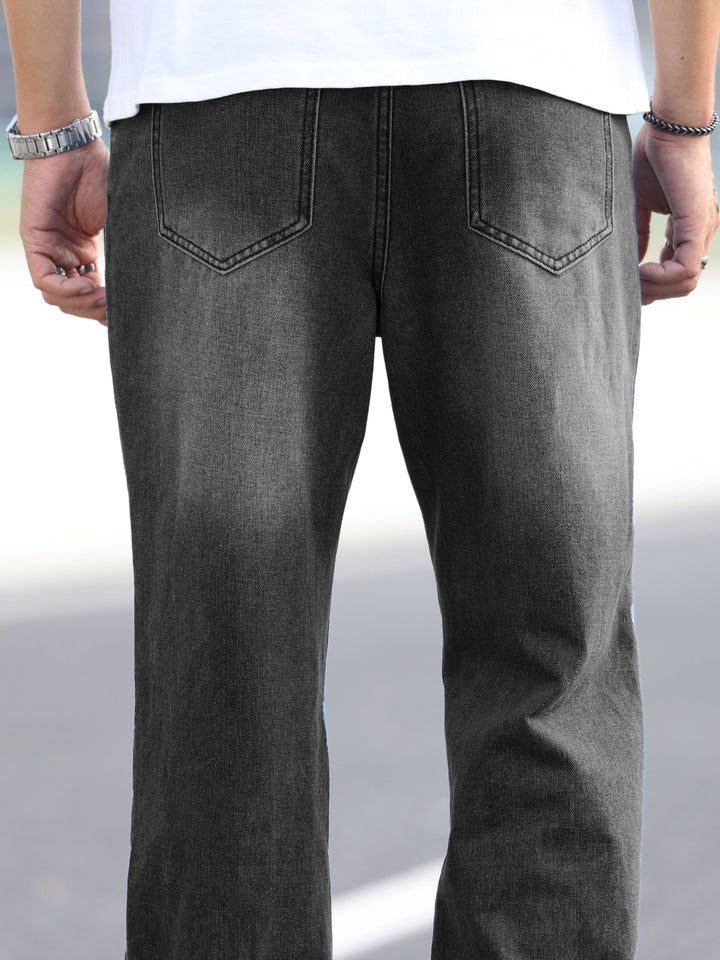 Wide Leg Cotton Blend  Jeans, Men's Casual Street Style Loose Fit Denim Dark Grey Pants For Spring Summer