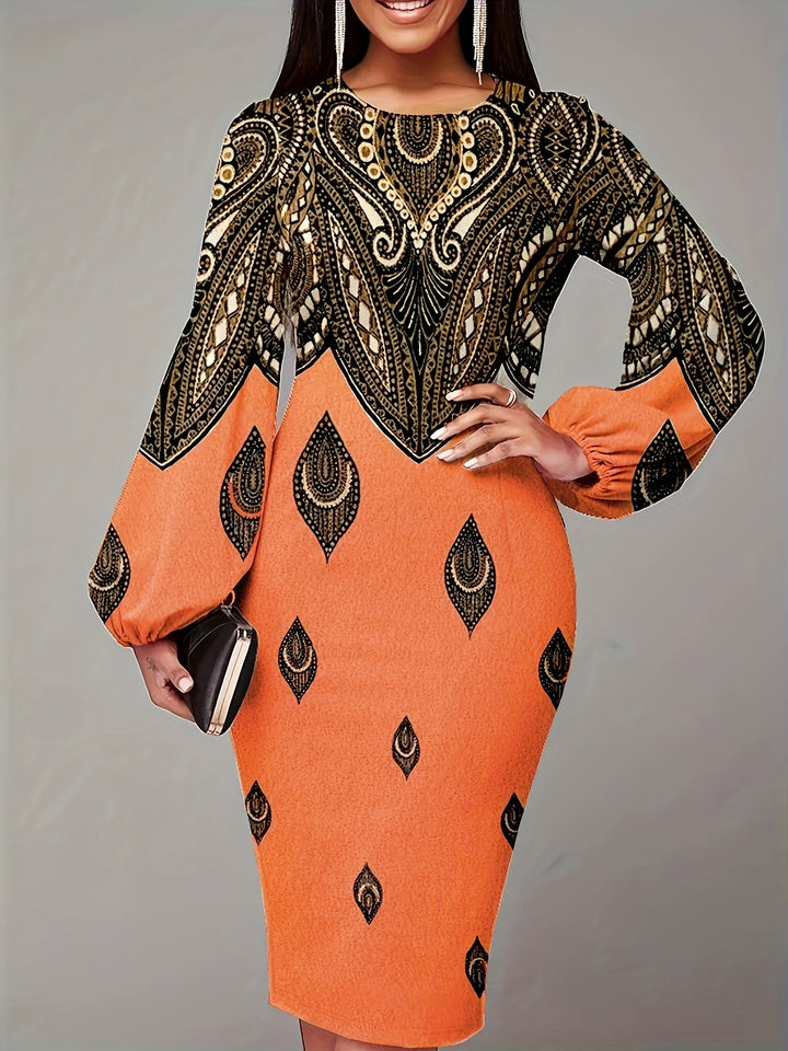 Paisley Print Lantern Long Sleeve Dress, Crew Neck Casual Every Day Dress For Spring & Fall, Women's Clothing