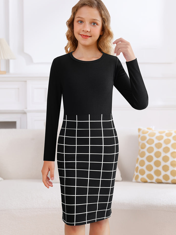 Elegant Girls Splicing Plaid Long Sleeve Bodycon Dress Spring Fall Christmas Gift