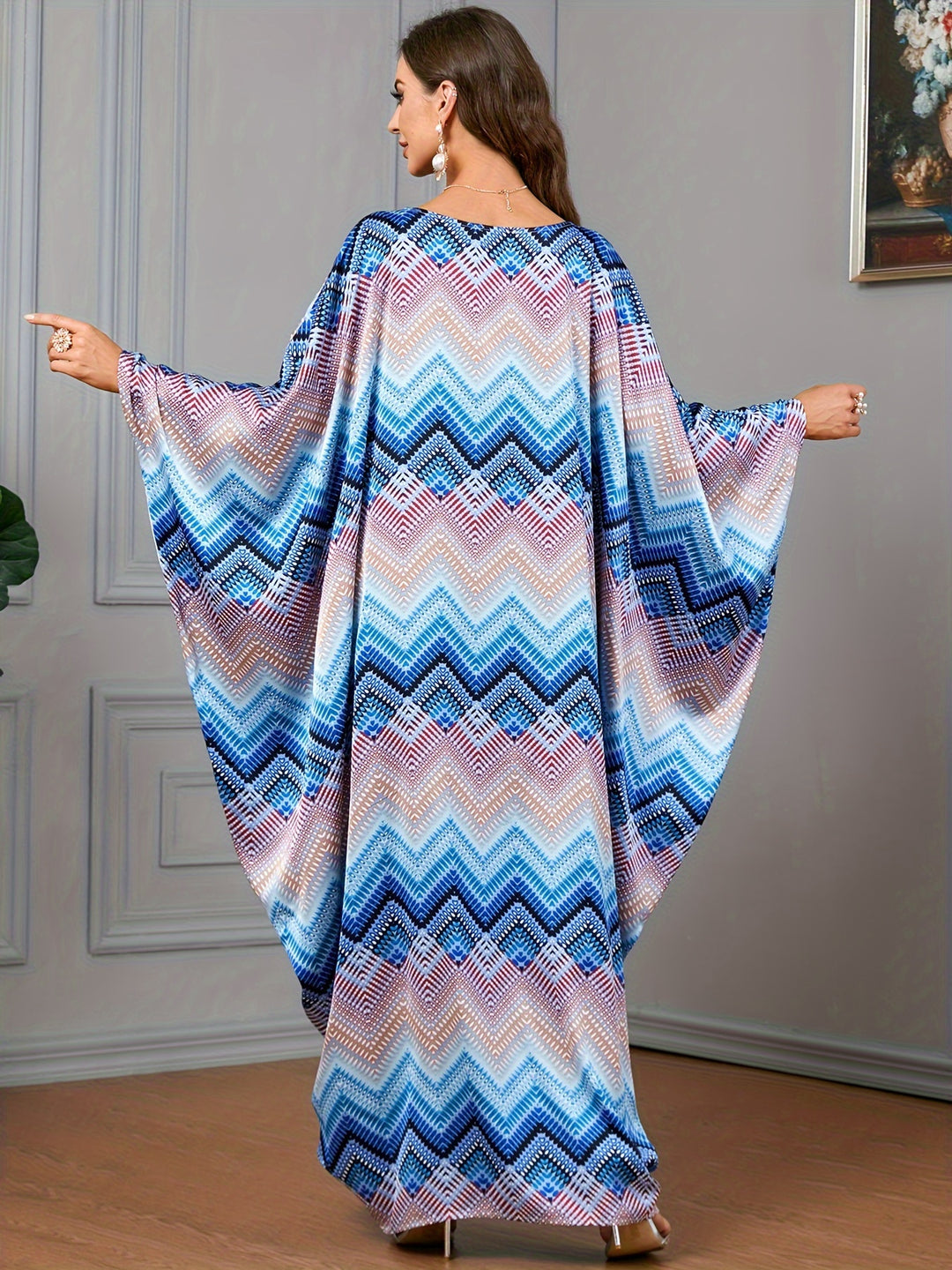 Plus Size Colorblock Stripe Print Kaftan Dress, Elegant Crew Neck Batwing Sleeve Maxi Dress, Women's Plus Size Clothing