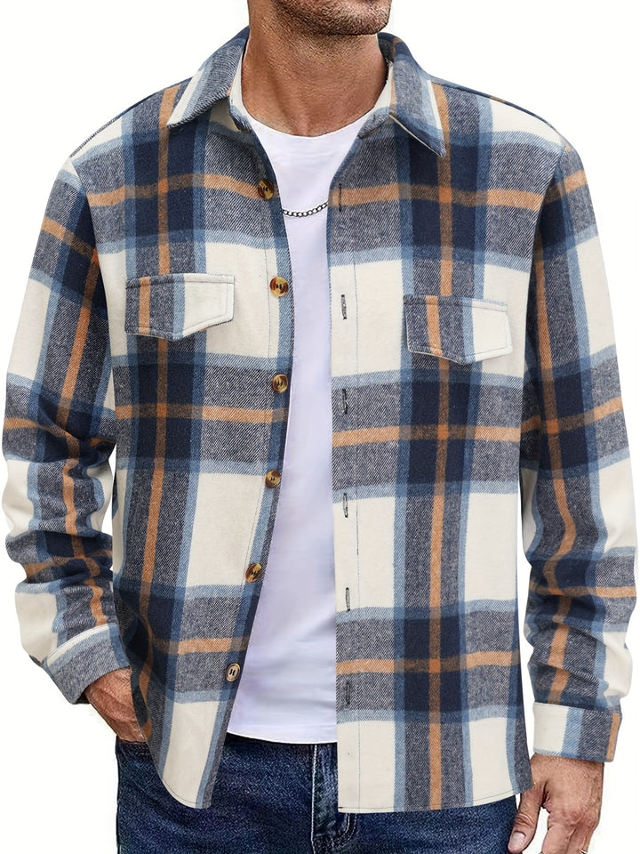 Retro Plaid Pattern Men's Casual Long Sleeve Lapel Shirt Jacket With Pocket Design, Fall Winter Outwear For Men