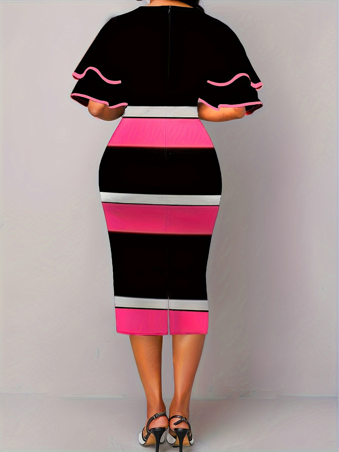 Plus Size Casual Dress, Women's Plus Colorblock Layered Sleeve V Neck Medium Stretch Slim Fit Dress