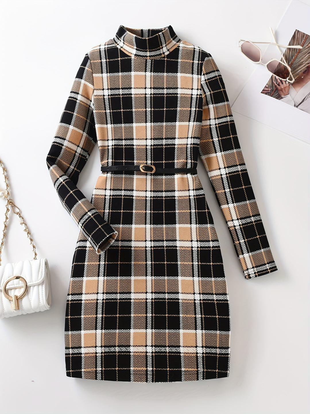Vintage Girls' Plaid Turtleneck Long Sleeve Dress Kids Clothes For Fall Party