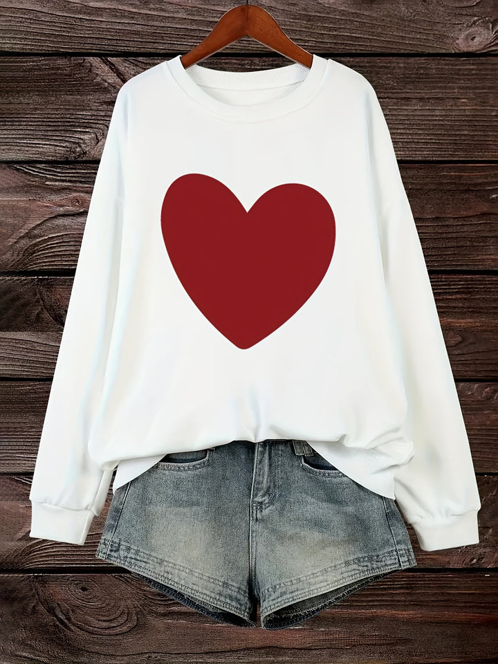 Plus Size Heart Print Sweatshirt, Casual Long Sleeve Crew Neck Pullover Sweatshirt, Women's Plus Size Clothing
