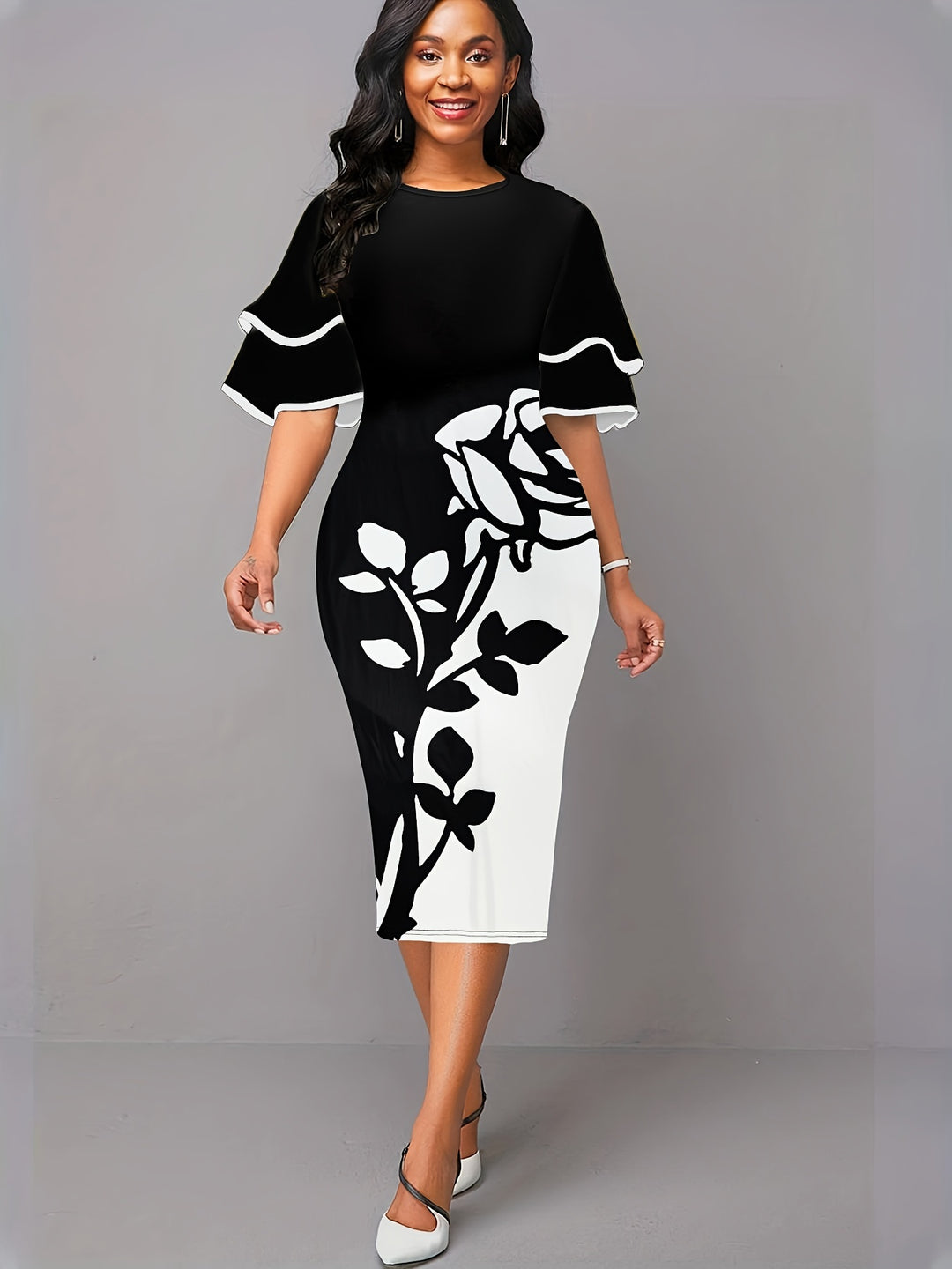 Floral Print Crew Neck Slim Dress, Elegant Layered Flutter Sleeve Midi Dress, Women's Clothing