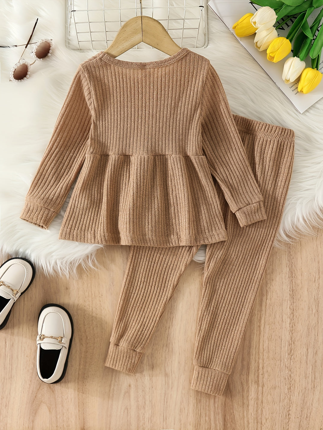 Toddler Girls Ribbed Long Sleeve Flared Hem Top + Matching Pants Kids Clothes
