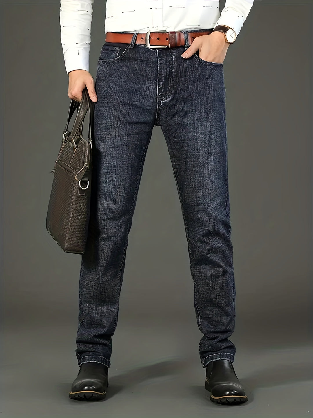 Men's High Quality Straight Leg Jeans For Business, Semi-formal Stretch Denim Pants