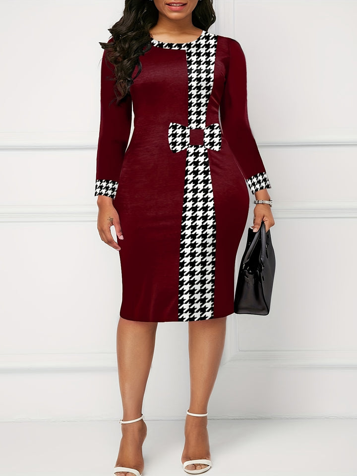 Stylish Plus Size Houndstooth Midi Dress for Women - Colorblock Design and Elegant Details