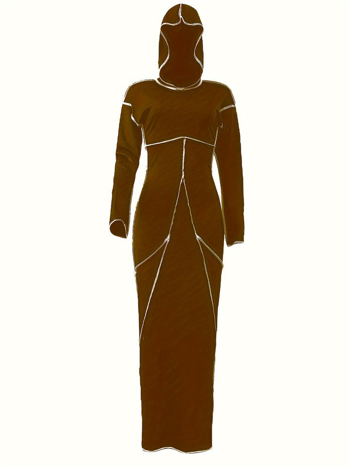 Plus Size Seam Hoodie Slim Fit Long Sleeve Bodycon Maxi Dress, Women's Plus Casual Slight Stretch Bodycon Dress