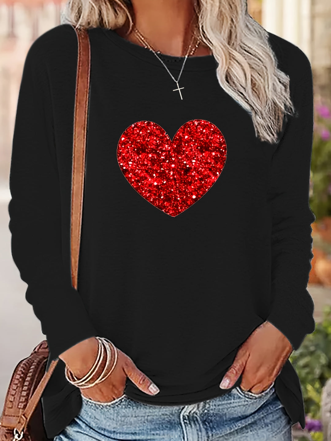 Valentine's Day Graphic Print T-shirt, Long Sleeve Crew Neck Casual Top For Spring & Fall, Women's Clothing