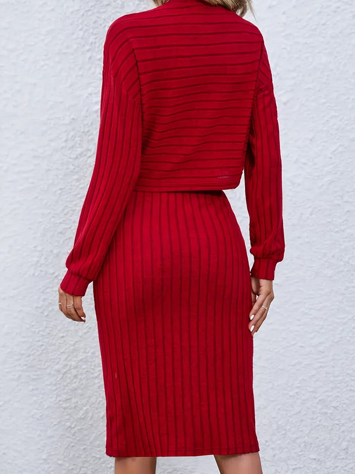 Plus Size Elegant Outfits Set, Women's Plus Solid Long Sleeve Ribbed Knit Crop Top & Button Decor Skirt Outfits 2 Piece Set