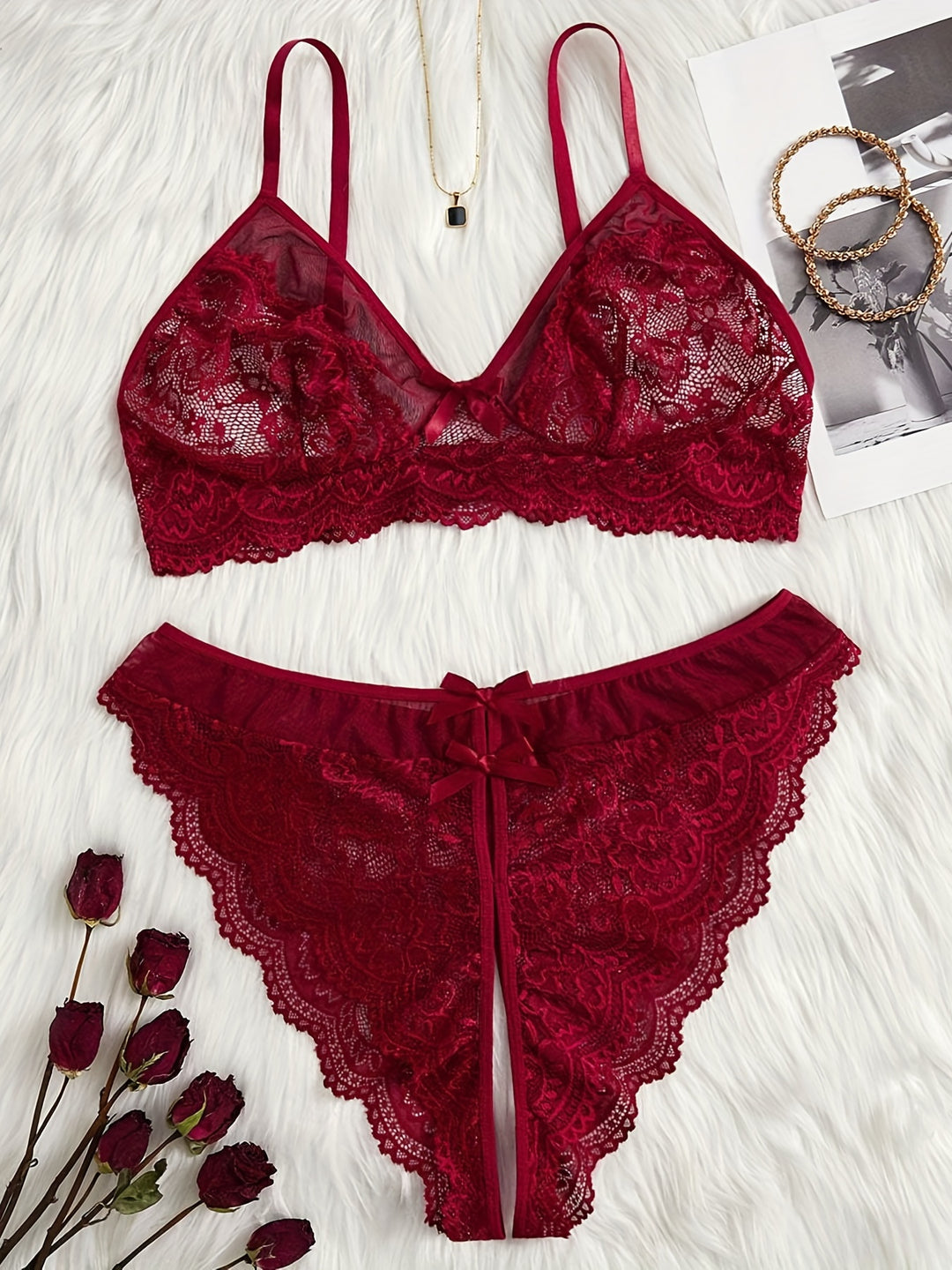 Women's Sexy Lingerie Set, Plus Size Floral Lace Bow Decor Scalloped Trim Bra & Open Crotch Panty Lingerie 2 Piece Set