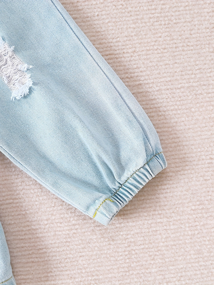 Toddler Baby Boys Stylish Outfit - Long Sleeve Stitching Pullover + Ripped Jeans Set