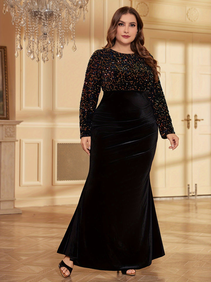 Plus Size Elegant Bridesmaid Dress, Women's Plus Shiny Sequin Long Sleeve Round Neck Mermaid Hem Bodycon Party Dress