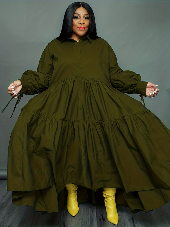 Plus Size Elegant Dress, Women's Plus Solid Tie Lantern Sleeve Ruffle Trim Polo Neck Loose Smock Dress