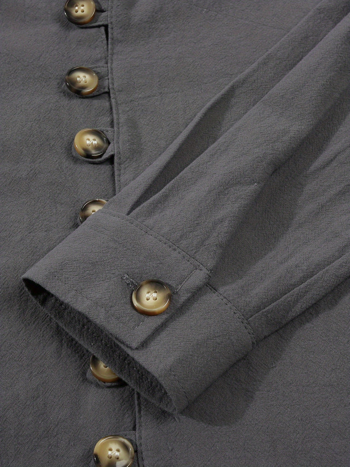 Men's Stylish Solid Shirt, Casual Breathable V Neck Button Up Long Sleeve Comfy Shirt For City Walk Street Hanging Outdoor Activities