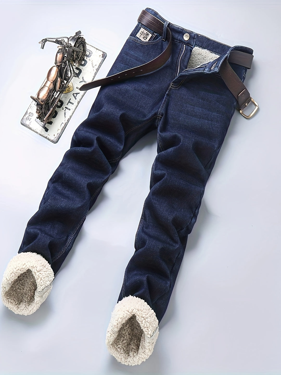 Men's Casual Warm Thick Jeans, Classic Design Stretch Straight Leg Jeans For Business
