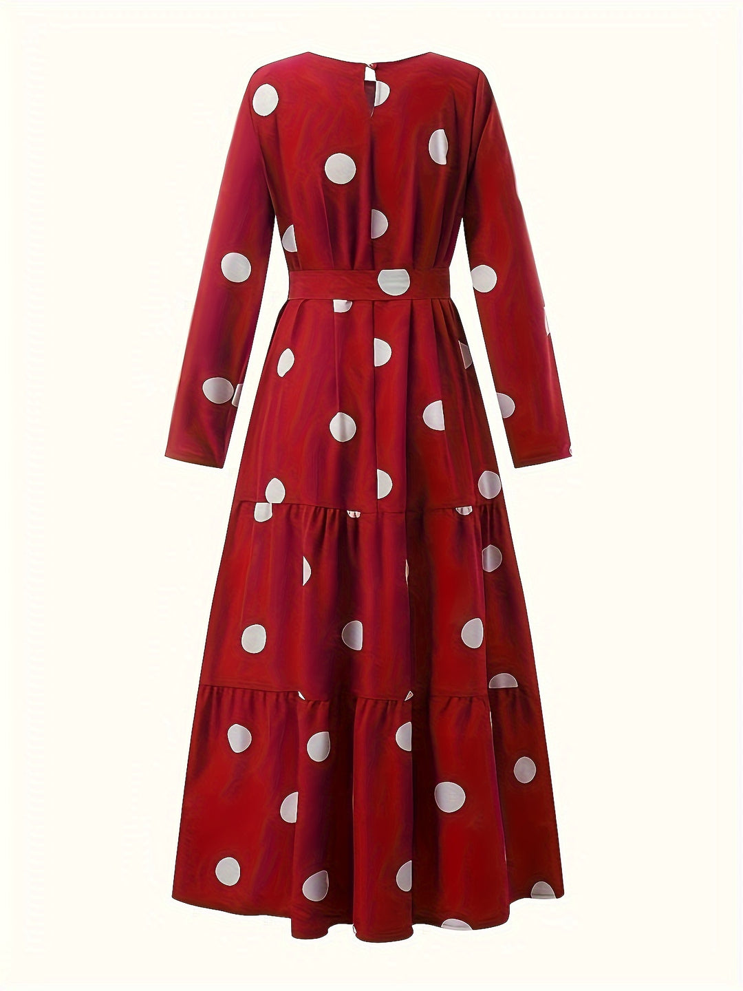 Polk -dot Print Tie Waist Abayas, Elegant Long Sleeve Ruffle Hem Maxi Dress, Women's Clothing