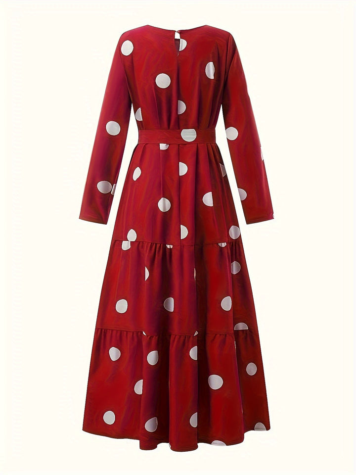 Polk -dot Print Tie Waist Abayas, Elegant Long Sleeve Ruffle Hem Maxi Dress, Women's Clothing