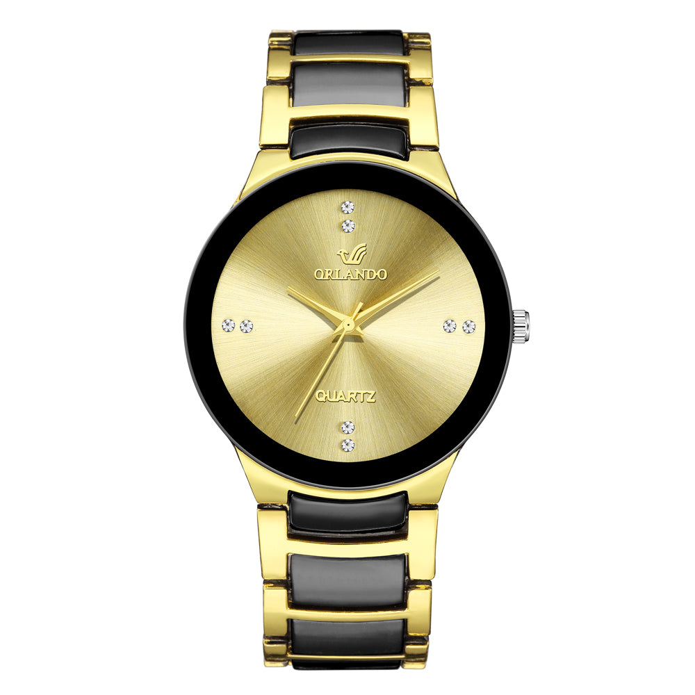 Men's British Style Golden Steel Strap Pointer Plated Diamond Quartz Watch