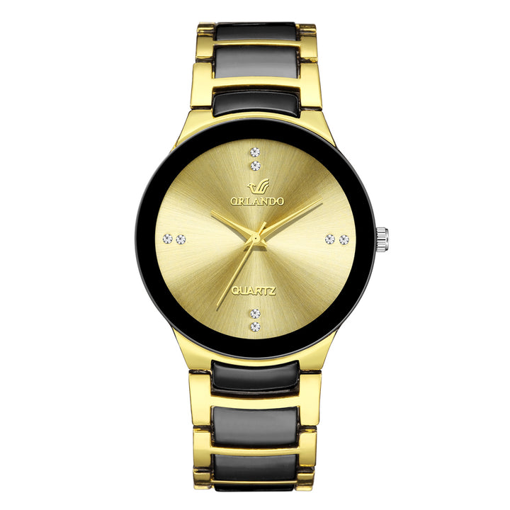 Men's British Style Golden Steel Strap Pointer Plated Diamond Quartz Watch