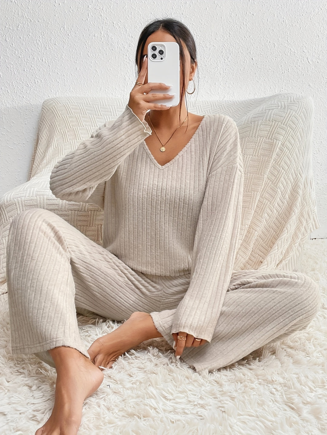 Ribbed  Knit Solid Two-piece Set, V Neck Long Sleeve Top & Wide Leg Pants Outfits, Women's Clothing