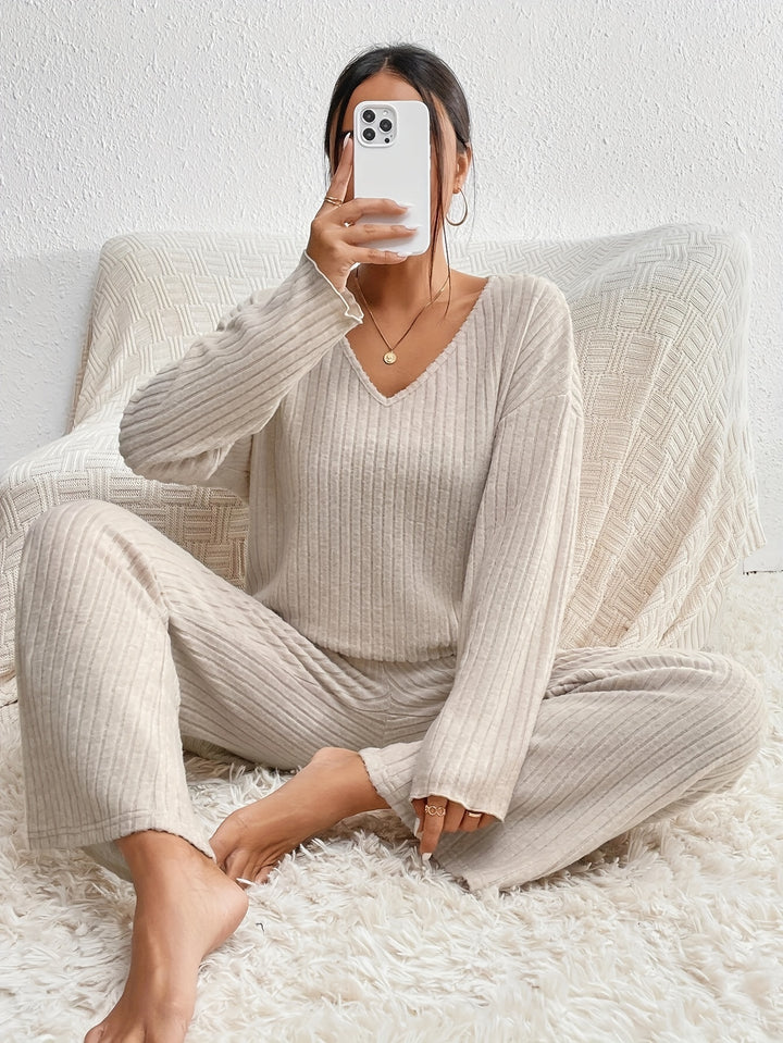 Ribbed  Knit Solid Two-piece Set, V Neck Long Sleeve Top & Wide Leg Pants Outfits, Women's Clothing