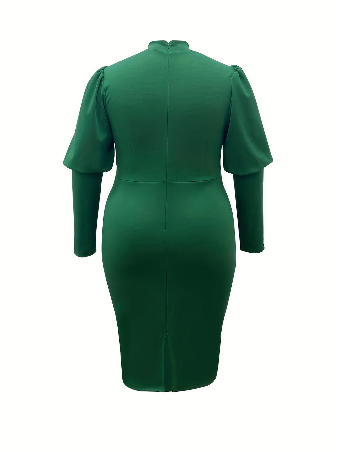 Plus Size Elegant Dress, Women's Plus Solid Puff Sleeve Mock Neck Ruffle Trim Bodycon Pencil Midi Dress
