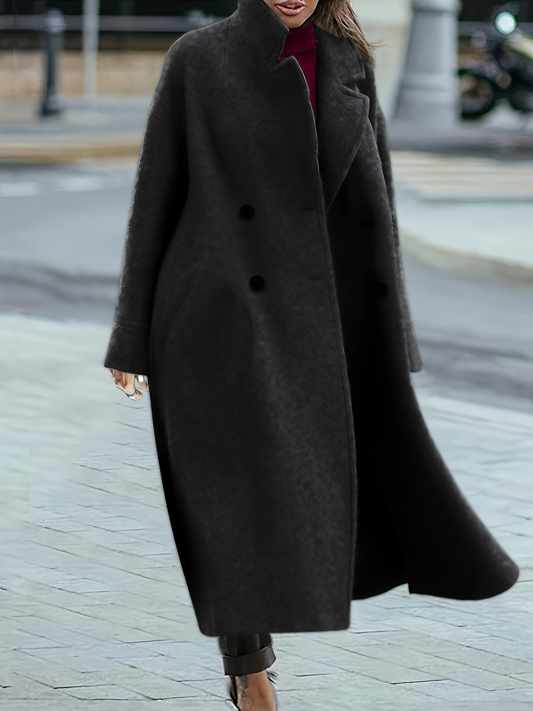 Solid Lapel Coat, Long Length Casual Outwear For Winter & Fall, Women's Clothing