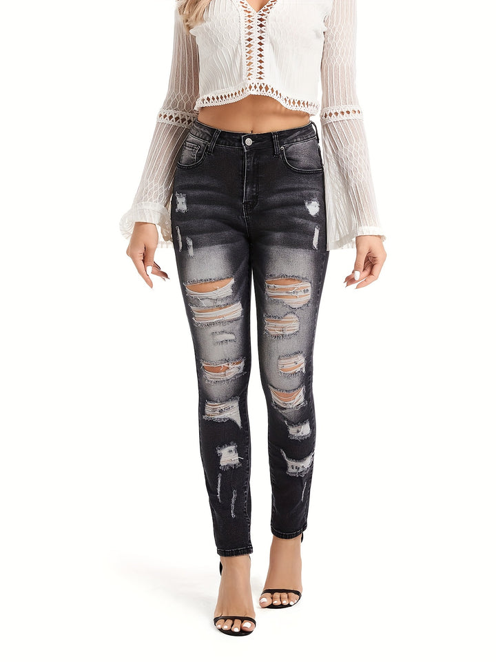 High Stretch Ripped Legs Skinny Jeans, Frayed Distressed Light Blue Denim Pants, Women's Denim & Clothing