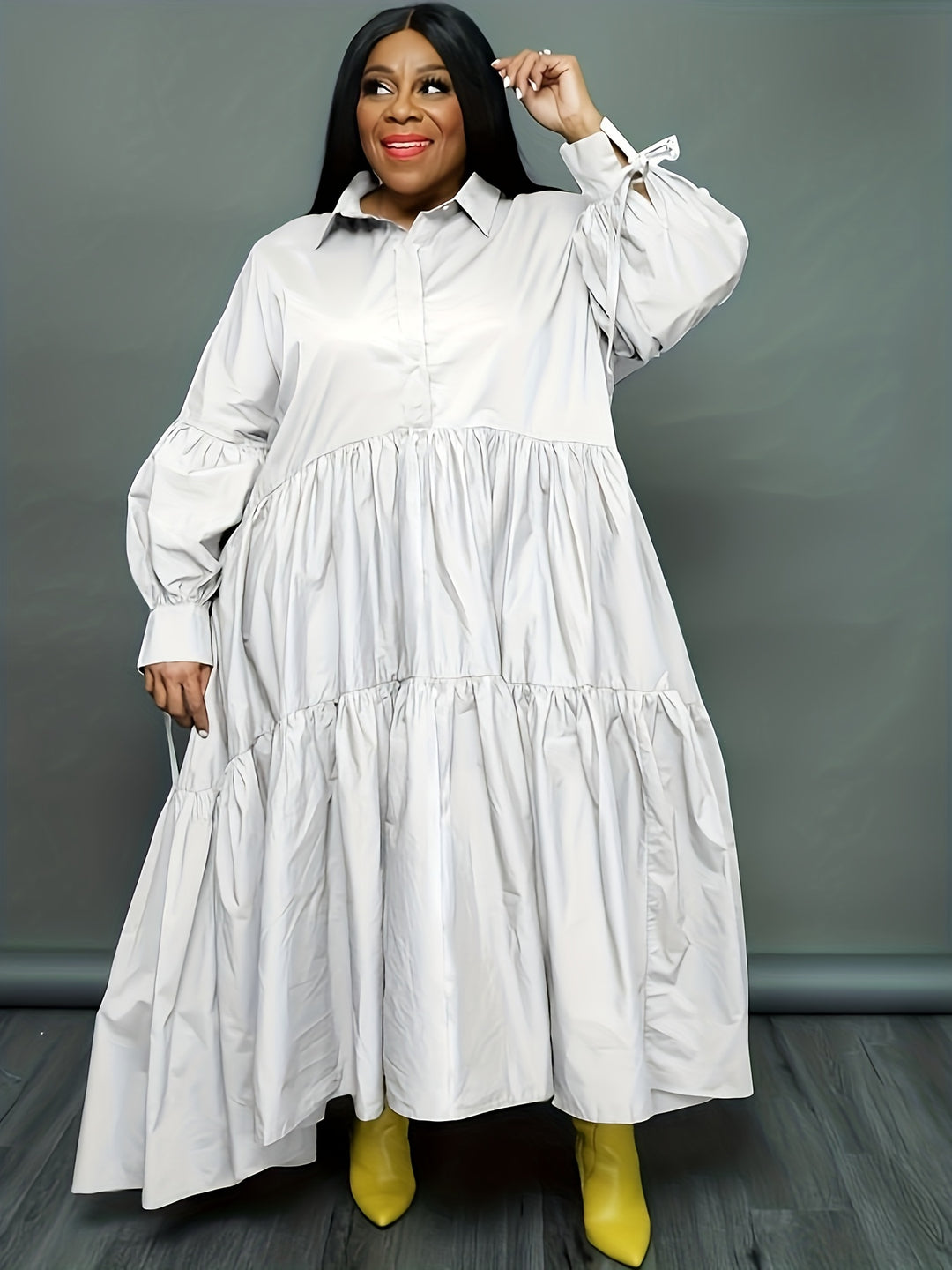 Plus Size Elegant Dress, Women's Plus Solid Tie Lantern Sleeve Ruffle Trim Polo Neck Loose Smock Dress