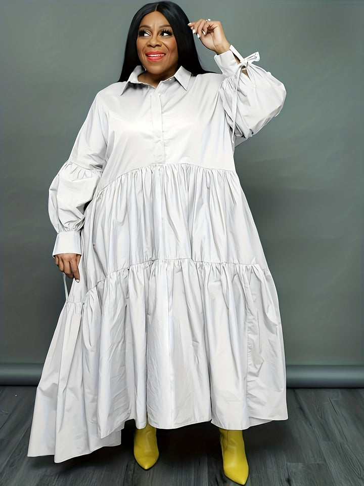 Plus Size Elegant Dress, Women's Plus Solid Tie Lantern Sleeve Ruffle Trim Polo Neck Loose Smock Dress