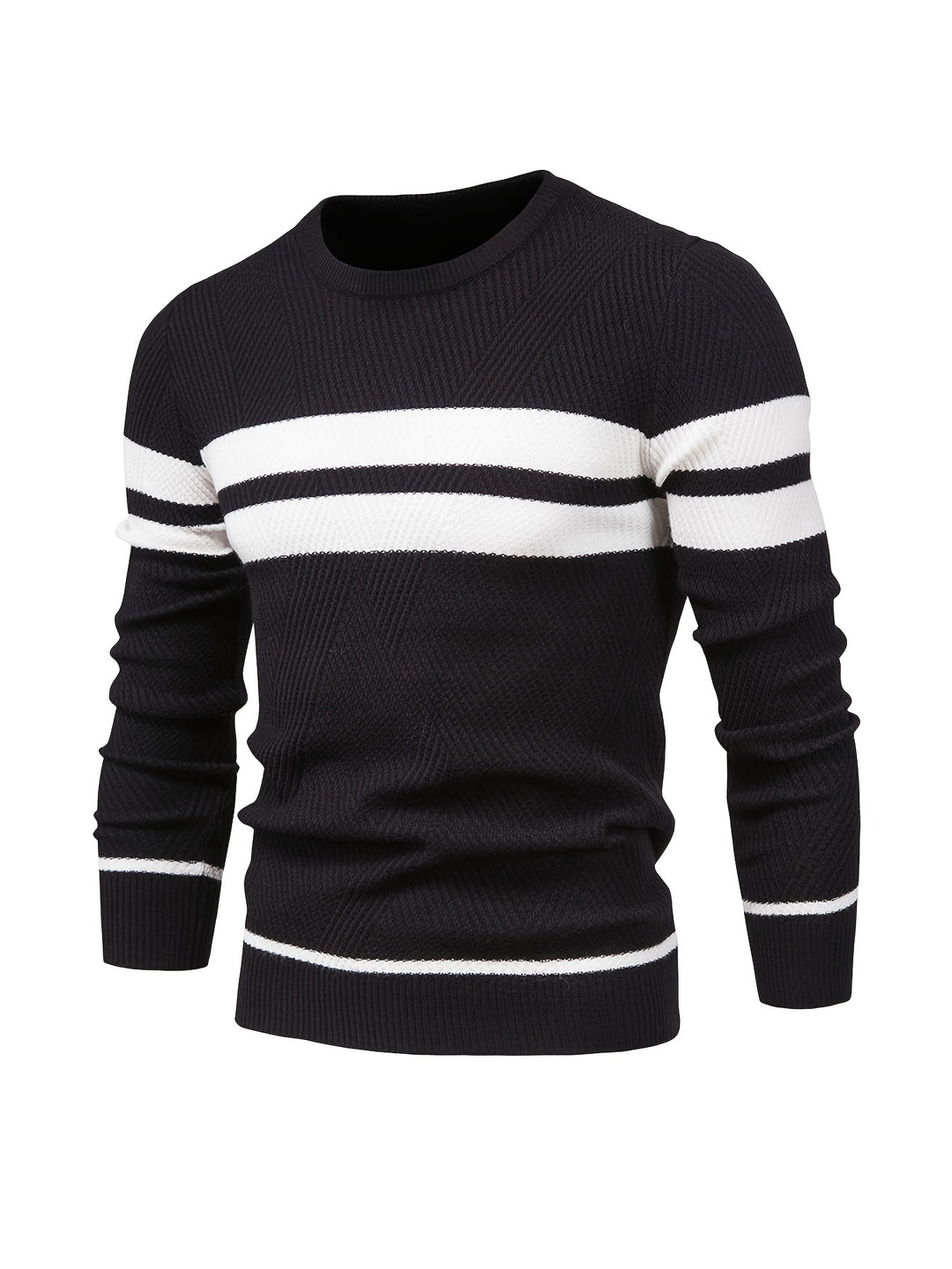 All-Match Striped Knitted Sweater, Men's Casual Warm High Stretch Crew Neck Pullover Sweater For Fall Winter