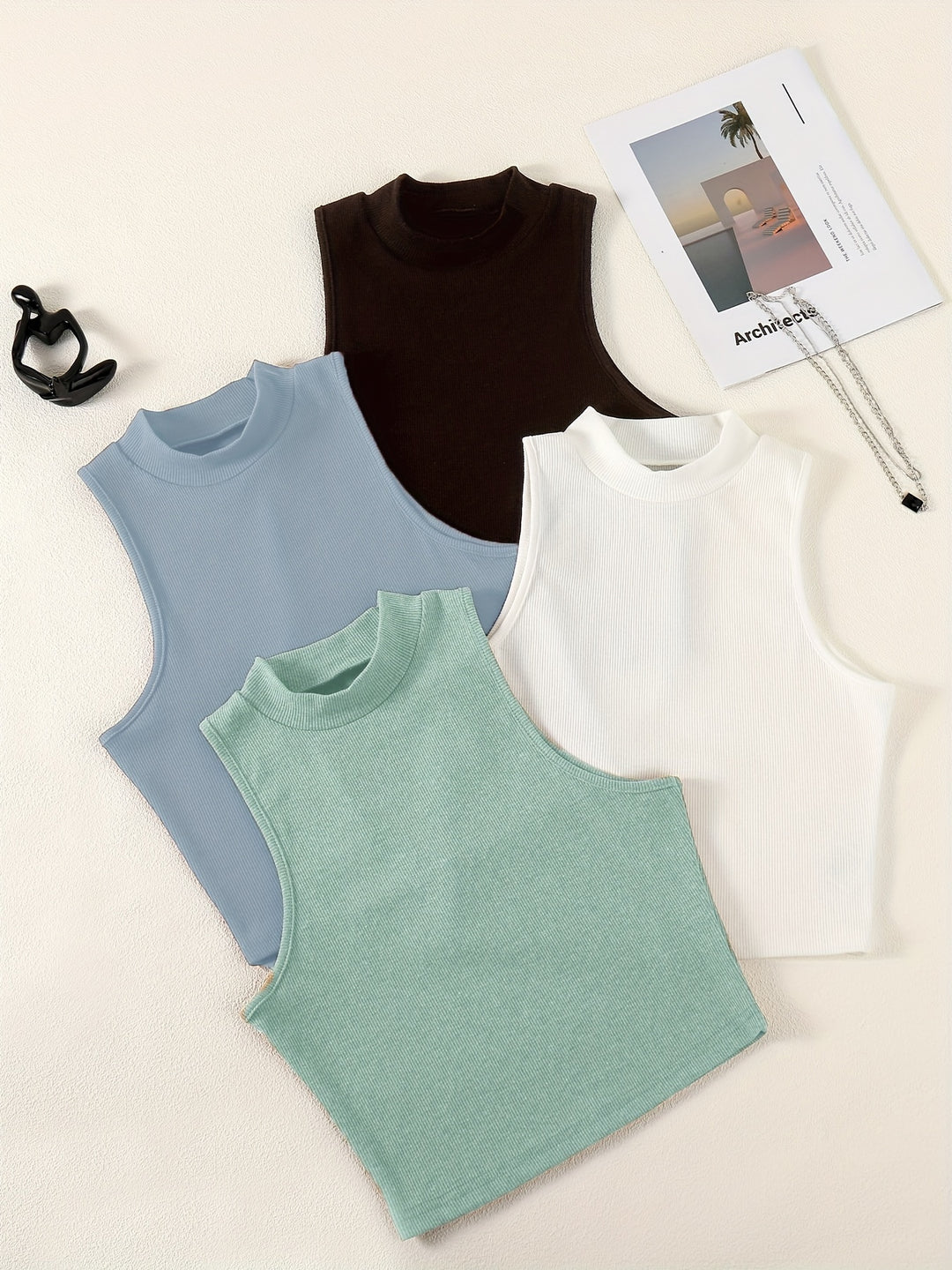 Solid Summer 4pcs Tank Tops, Casual Crew Neck Sleeveless Knit Tank Tops, Women's Clothing