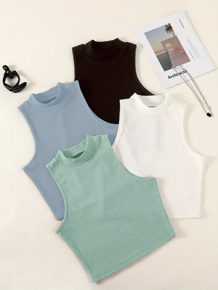 Solid Summer 4pcs Tank Tops, Casual Crew Neck Sleeveless Knit Tank Tops, Women's Clothing