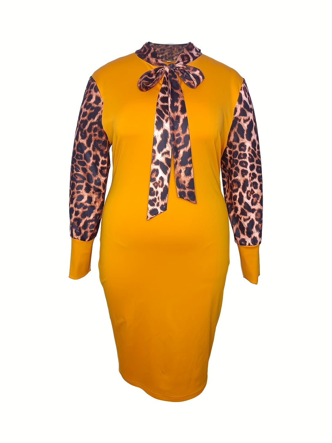 Plus Size Elegant Dress, Women's Plus Leopard Print Raglan Sleeve Tie Neck Bodycon Formal Dress