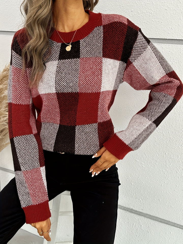 Plaid Pattern Crew Neck Pullover Sweater, Casual Long Sleeve Sweater For Fall & Winter, Women's Clothing